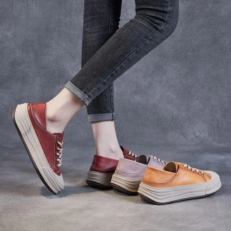 Genuine Leather Casual Flats Shoes Women Spring New Round Toe Lace-up Soft Bottom Leisure Vulcanize Shoes обувь женская