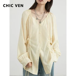 CHIC VEN Women Shirts Korean Loose Soild V-neck Long Sleeved Blouses Fashion Design Soft Lace Up Ladies Tops Summer New 2024