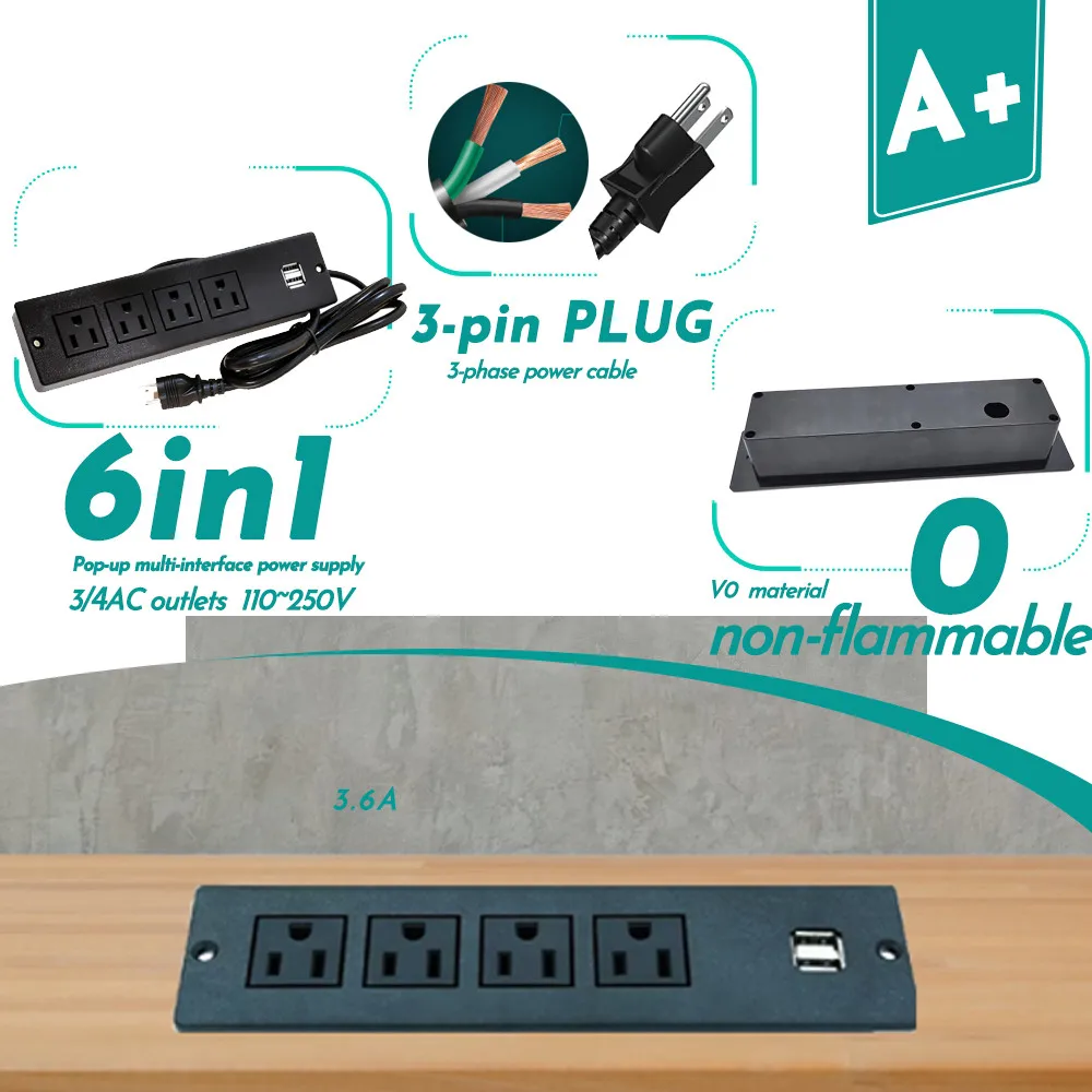 FUNAYA 15A US Hidden Table Socket  USB Type-c 4 Outlet Surface Mountable Recessed Furniture Embedded Desktop countertop Socket