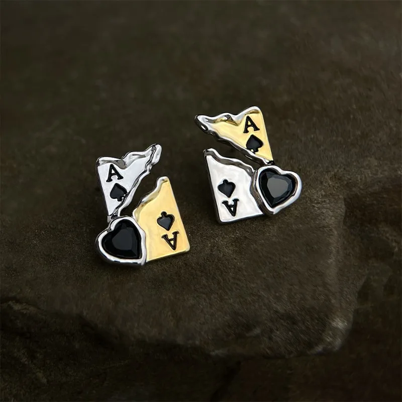 

Ace of Spades Distressed Earrings Two-Tone Playing Card Heart Zircon Studs Cold Style Women's Ear Clips
