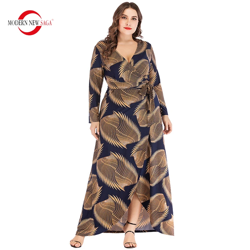 2023 Women Dress Long Sleeve Spring Woman Long Dresses V-neck Print Maxi Dress Autumn Party Dress Female Elegant Dress Plus Size