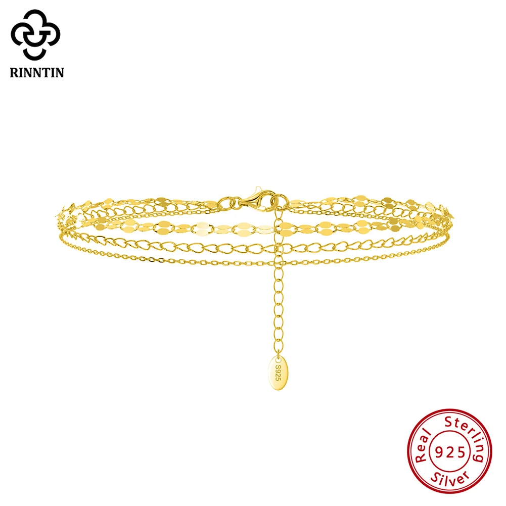 Rinntin 925 Silver Triple Layered Chain Anklet for Women Summer Boho Foot Chain Bracelet Fashion Ankle Straps Jewelry SA58