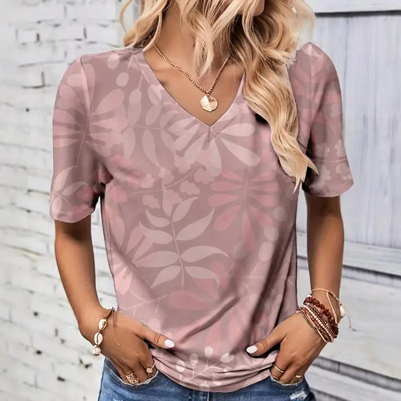 Modne letnie koszulki z nadrukiem 3D w kształcie liści Damskie koszulki z krótkim rękawem z dekoltem w szpic Y2K Casual Tees Harajuku Tops Odzież damska