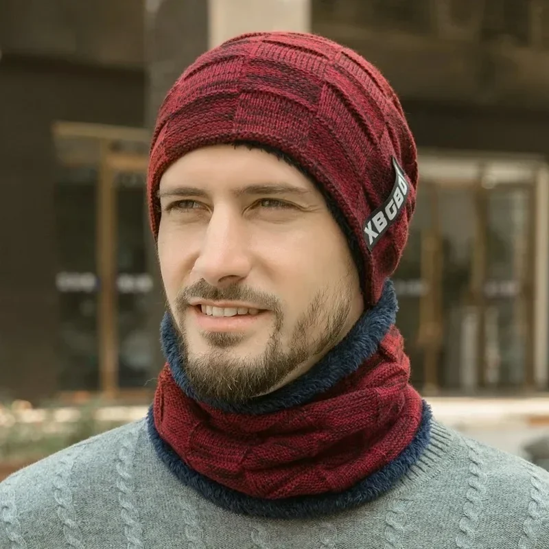 Gorro e cachecol forrado com lã masculina e feminina, chapéu grosso de malha quente, bonés masculinos, mais veludo, pulôver, crianças, inverno, 2 peças