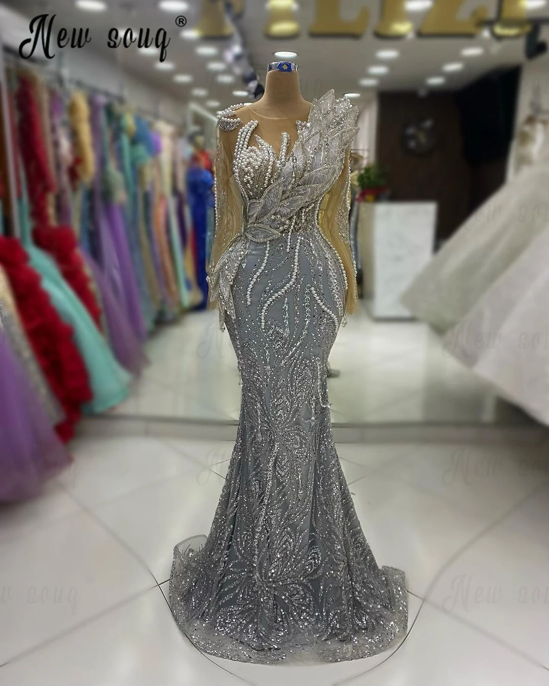 Elegant Silver Beading Long Sleeve Evening Dress Mermaid Sparkly Sequins Formal Occasion Dresses Plus Size Robe de Mariée 2024