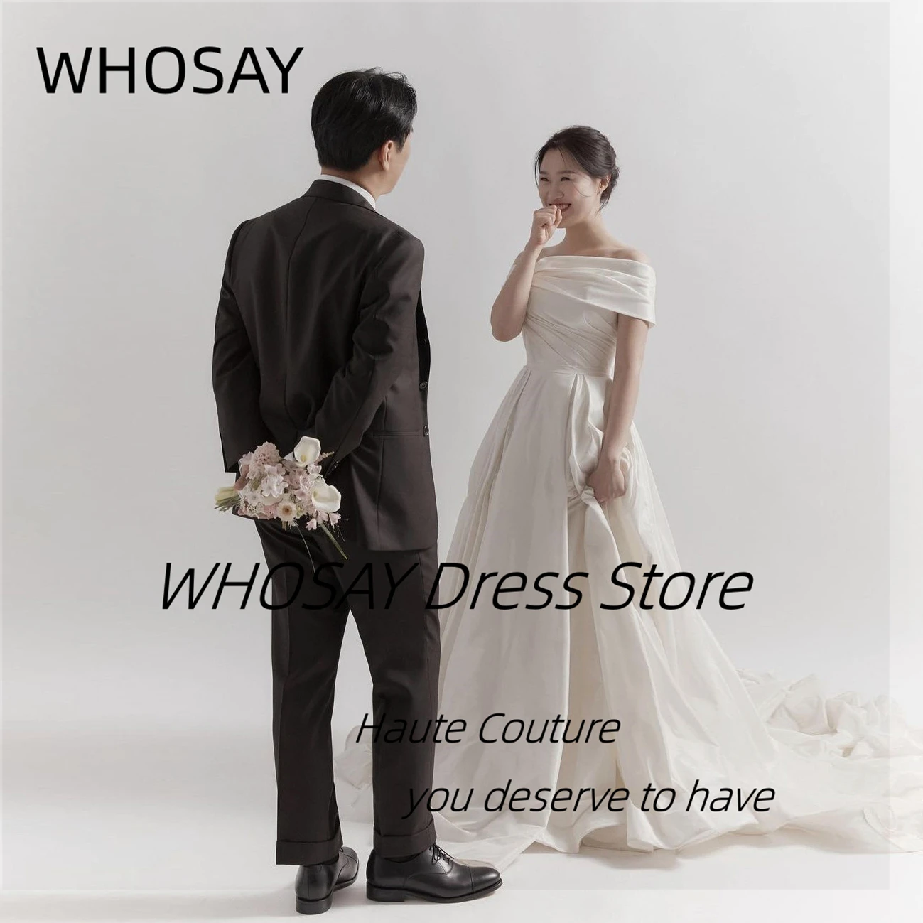 

WHOSAY Romantic Wedding Dresses Korea Women Wear Boat Neck Bridal Gowns Side Slit Ruched A Line 웨딩드레스 Robe Des Marrige