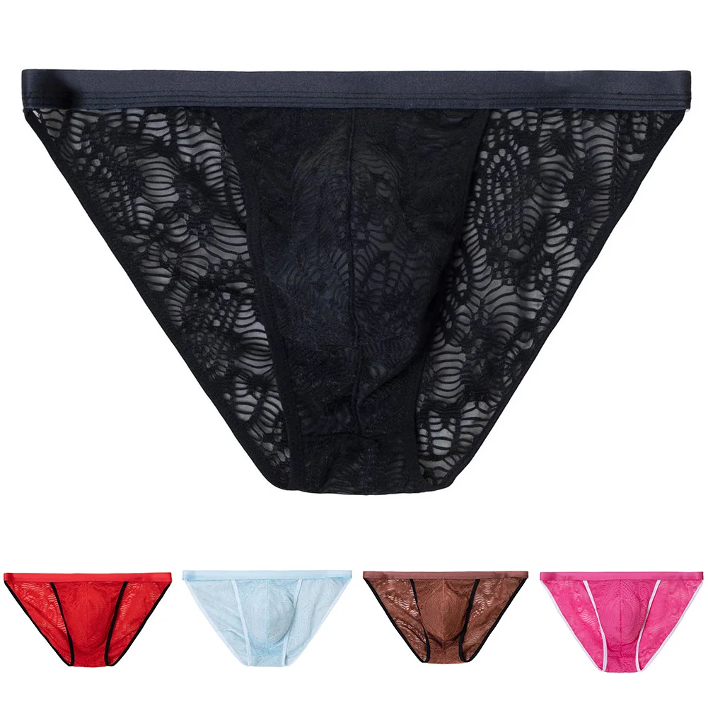 Men Sexy Briefs Lace Triangle Pants Jacquard Mesh See-Through Briefs Low-rise U Pouch Underwear Erotic Lingerie Underpant