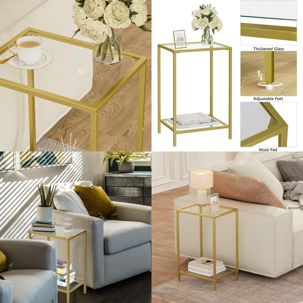 

Pair of Modern 2-Tier Glass End Tables, Storage Shelves, Living/Bedroom, 11.8x15, Golden