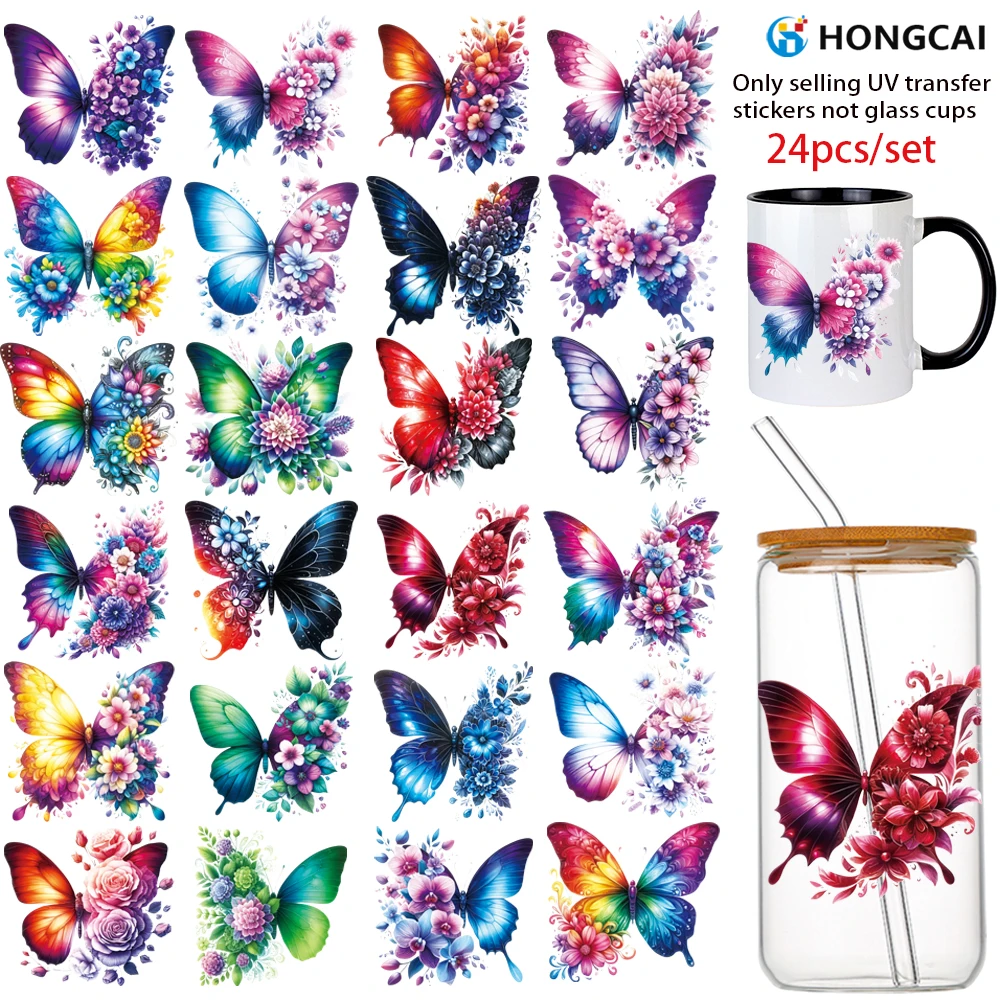 24-Piece Colorful Butterfly Floral Theme UV DTF Stickers - 3D Crystal Embroidery, Waterproof, Scratch-Resistant Film Stickers