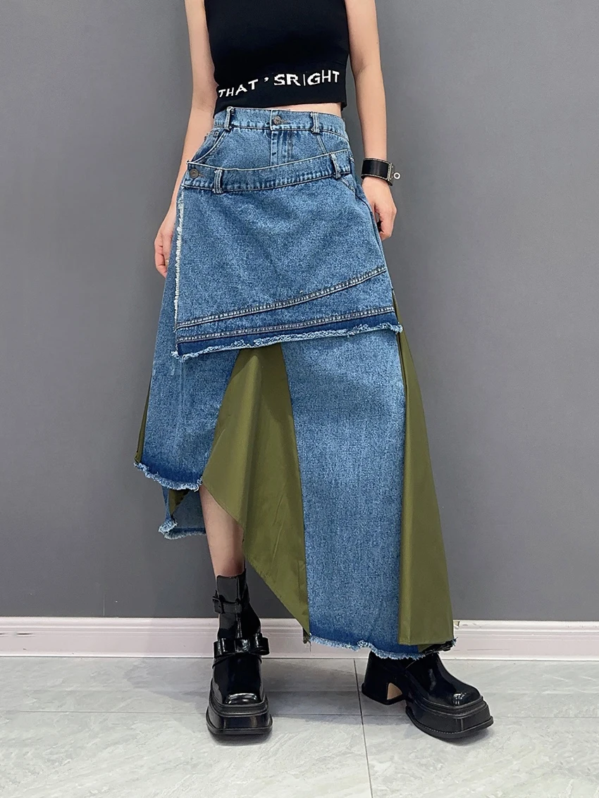 230864 High Elastic Waist Black Denim Irregular Color-Block Half-Body Skirt Women Fashion Tide New Spring Autumn 2025