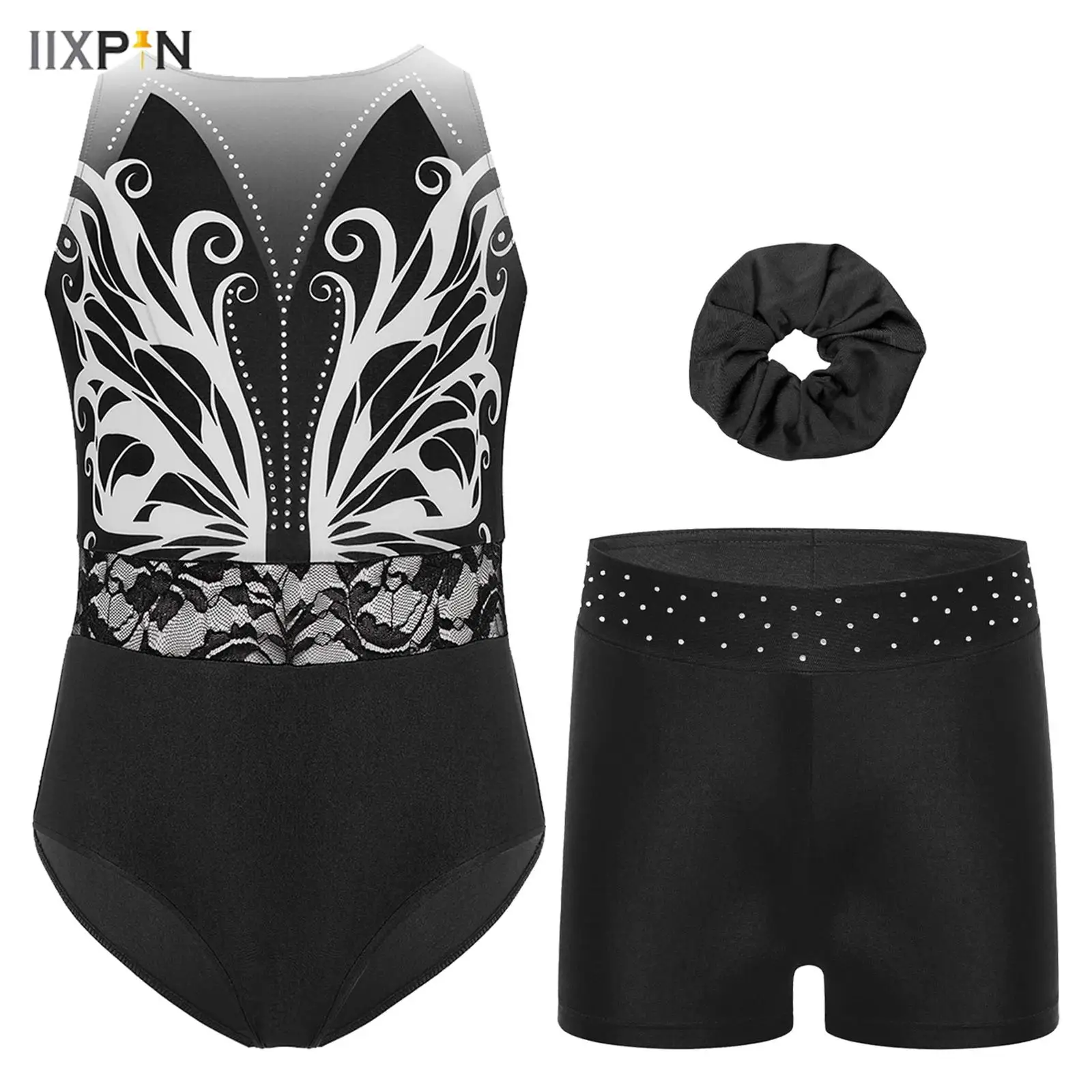 

Gymnastics Figure Skating Dance Outfit Kids Girls Sleeveless Shiny Rhinestones Printed Lace Waist Dance Leotard+Shorts+Headwear
