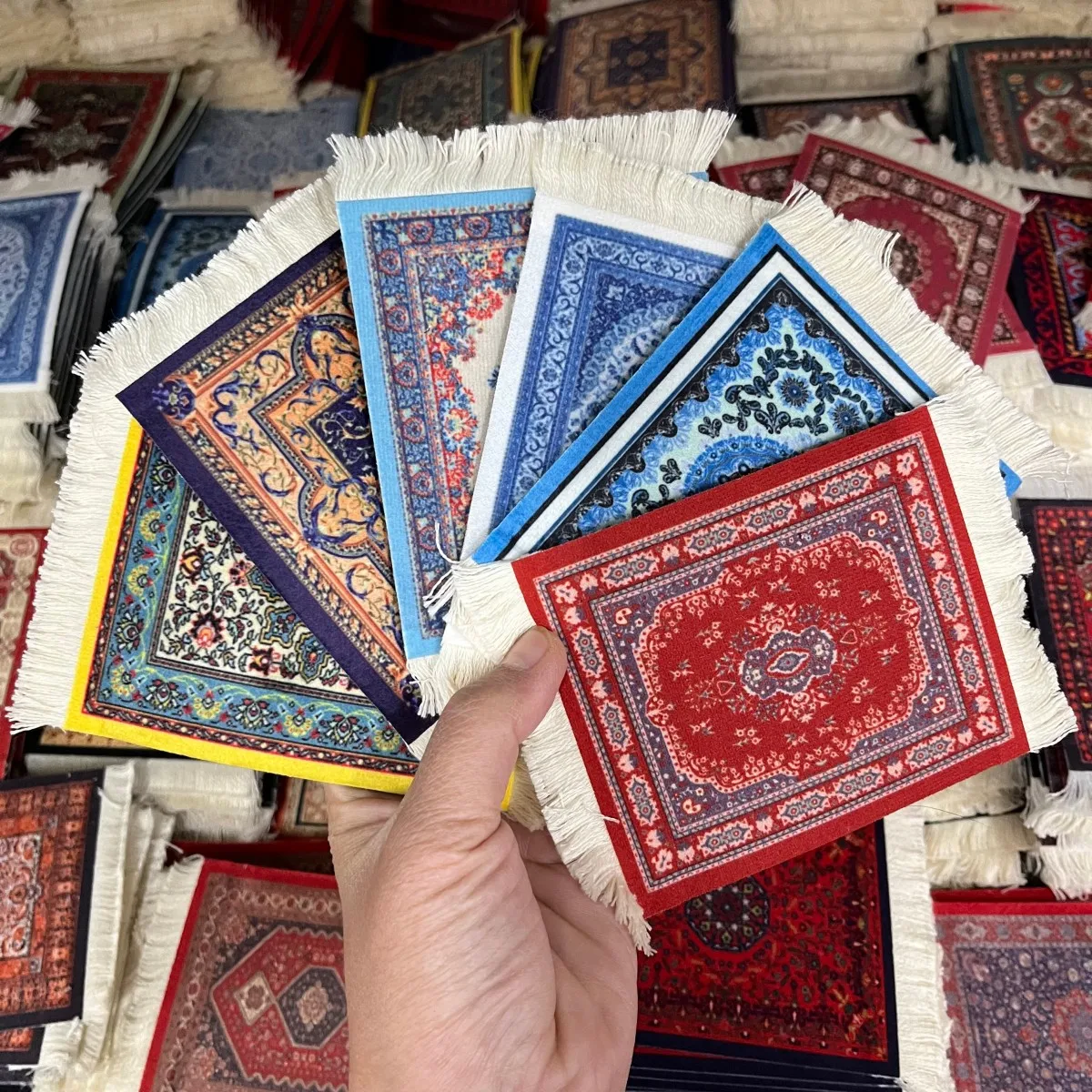 

Vintage Carpet Coasters, Handmade, with Tassels, Tabletop Coasters, Dollhouse Carpet, Office Decorations, 3.5inch × 5.1inch , Thickness about 0.3cm, Set of 6, Eid Al-Fitr