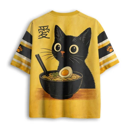 Cute Black Cat Ramen Noodle Japanese Love Print Men V Neck Mesh Jersey Short Sleeve Tee
