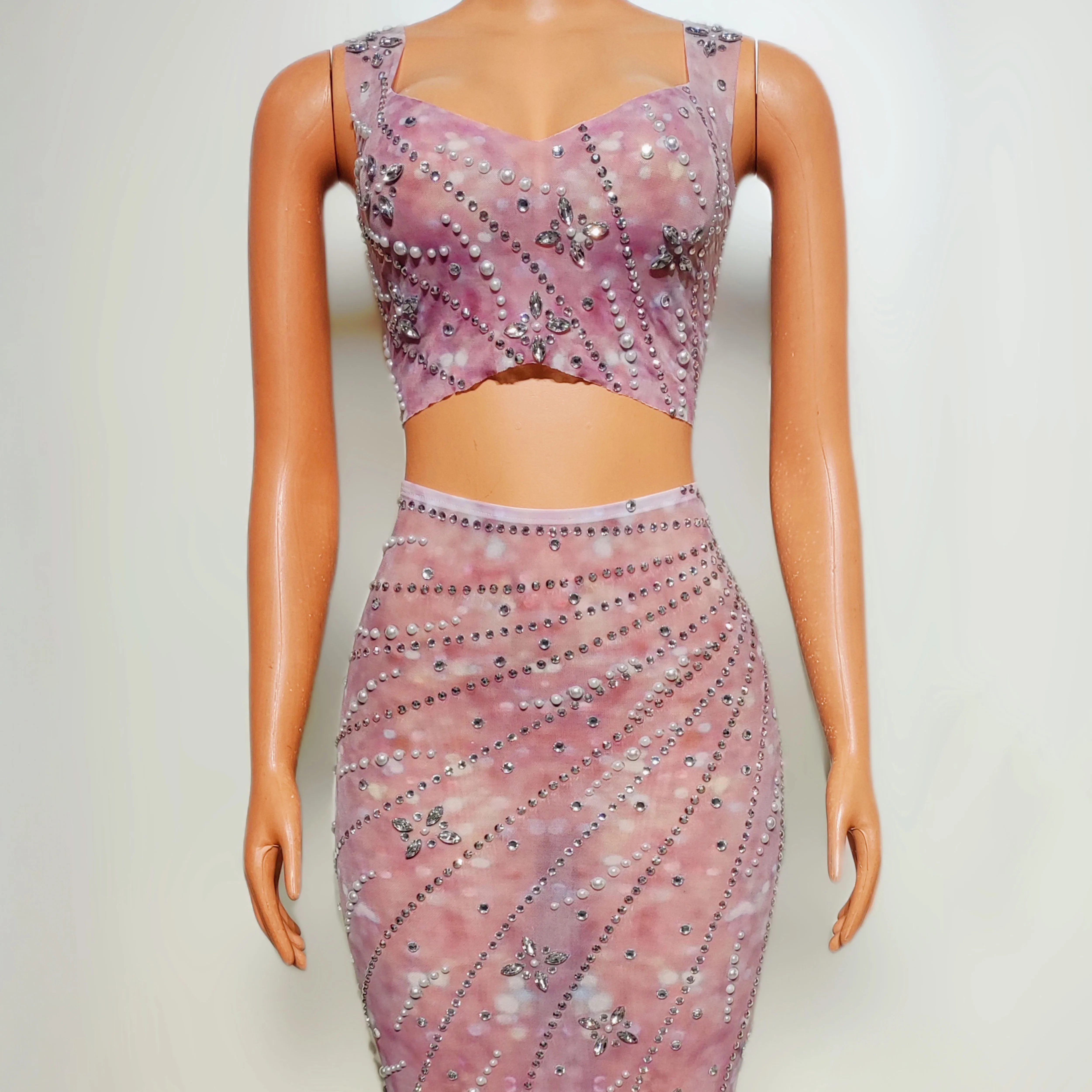 2025 Woman Gogo Dancer Dress Pearl Rhinestone Crop Top Slim Dresses Festival Party Costume Dancehall Queen Outfit Stage Wear yk