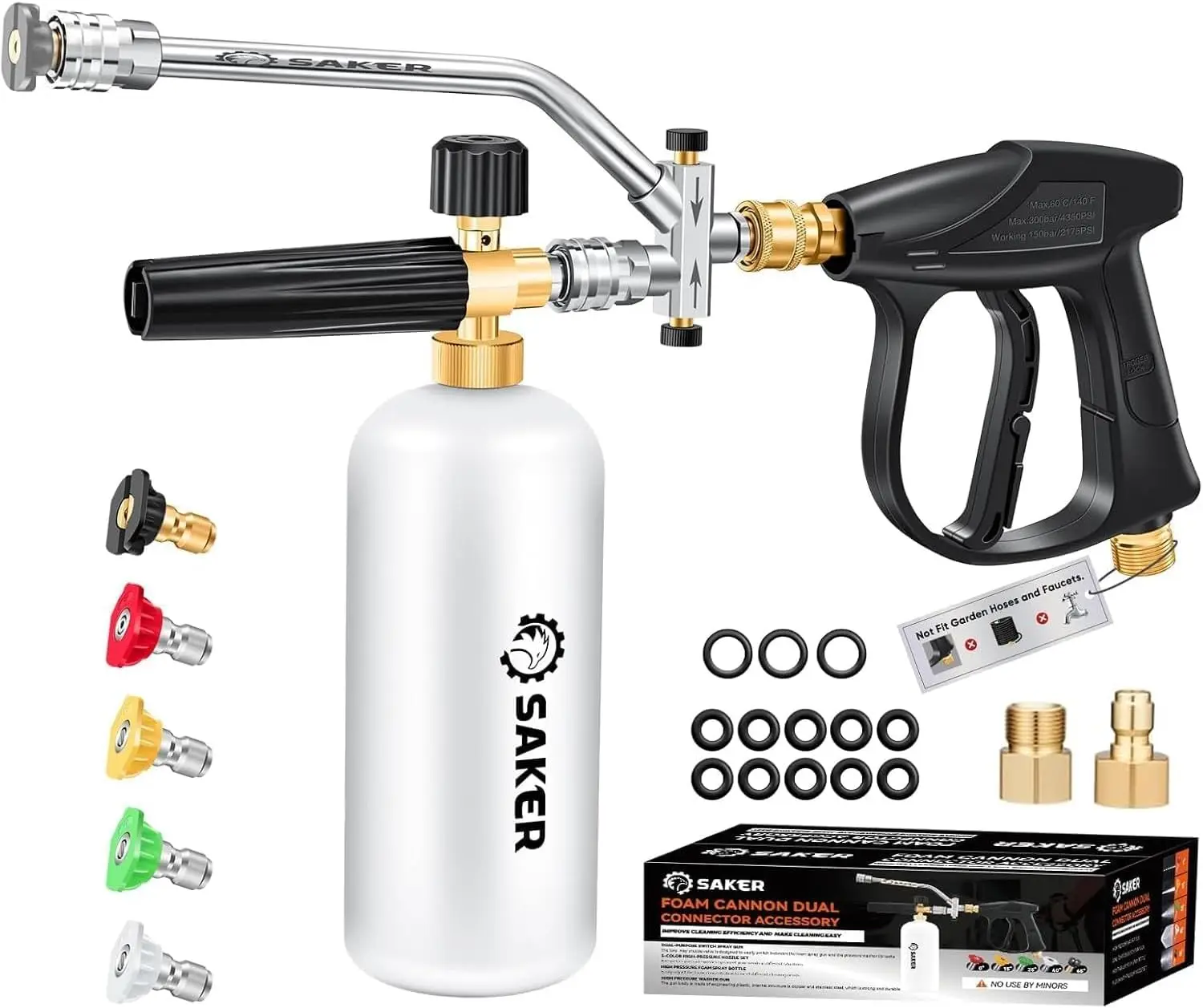 

Dual Connector Foam Cannon for Pressure Washer with Adjustable Spray, 5 Nozzles for Car and Surface Cleaning
