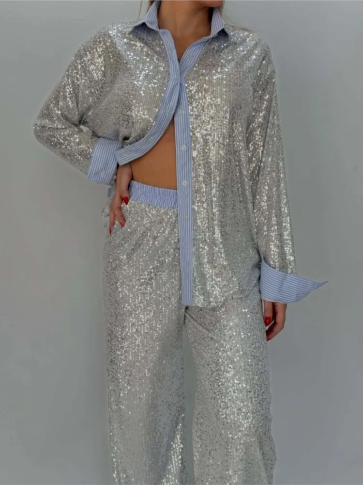 

Комплект из двух предметов, новинка 2026, свободный повседневный костюм с блестками, куртка, широкие брюки, костюм, модный ретро-пригородный офисный наряд из 2 предметов