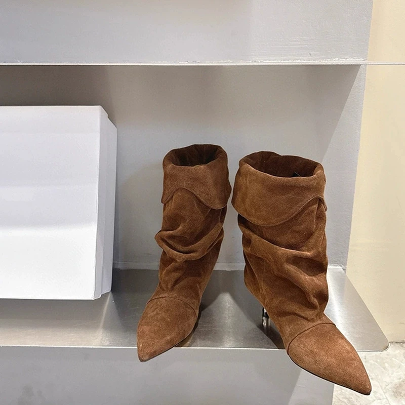 

Pointed Cow Suede Cat Heel Fashion Short Boots For Women Autumn And Winter New Ladies Pleated Mid Leg Boots