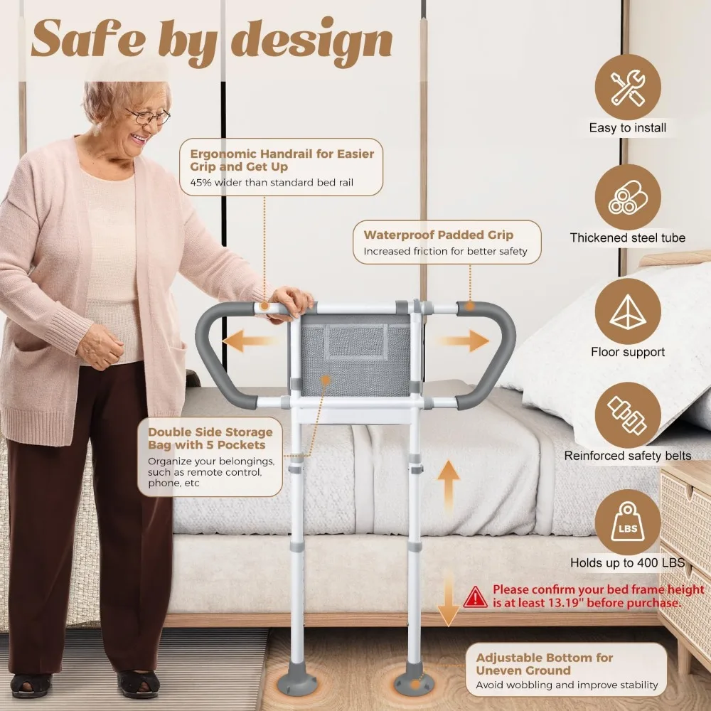 ราวกั้นเตียงปรับระดับได้พร้อมช่องเก็บของ ที่จับกันลื่น ไฟกลางคืน รับน้ำหนักได้ 400 ปอนด์ สำหรับผู้สูงอายุ