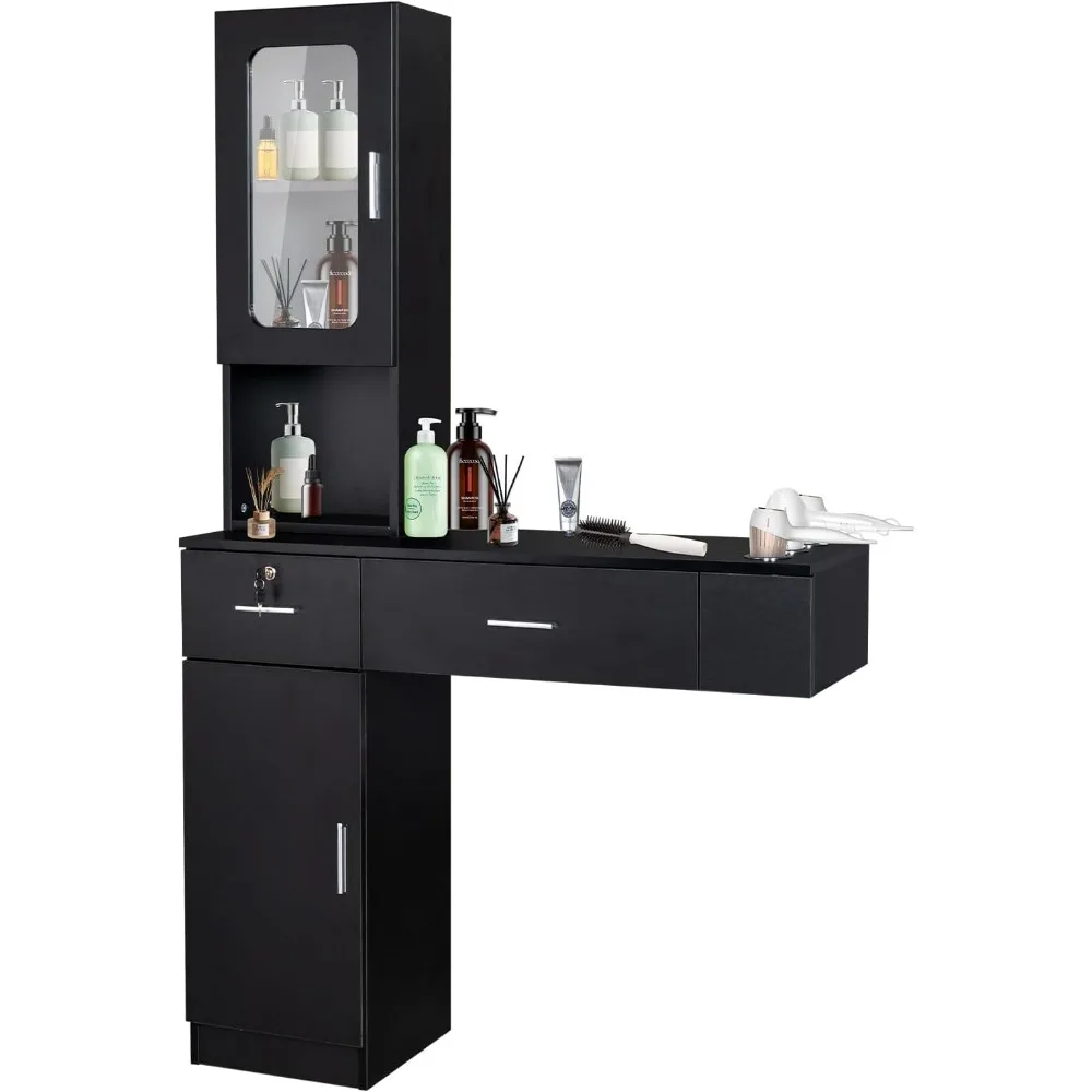 

Wall Mount Barber Salon Stations, Makeup Vanity Desk with a Storage Cabinet,2 Drawers and a 3 Tier Shelf w/Glass Door,Customized