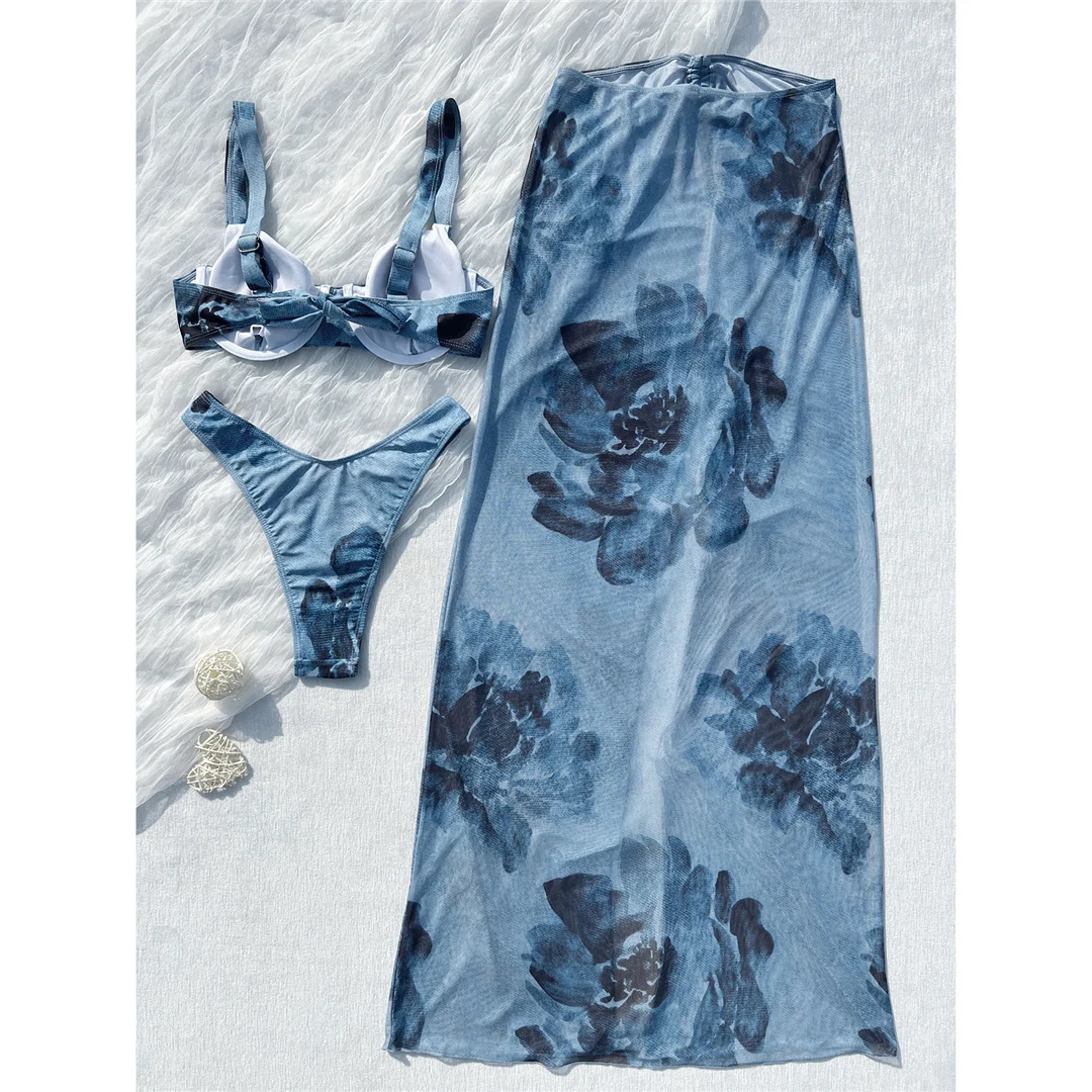 3-teiliger bedruckter Bikini mit Rock, Bügel-Bikini, Damen-Badeanzug, Damen-Bademode, dreiteiliges Bikini-Set, Badeanzug, Badebekleidung, Schwimmbekleidung V7078 – Detail 11