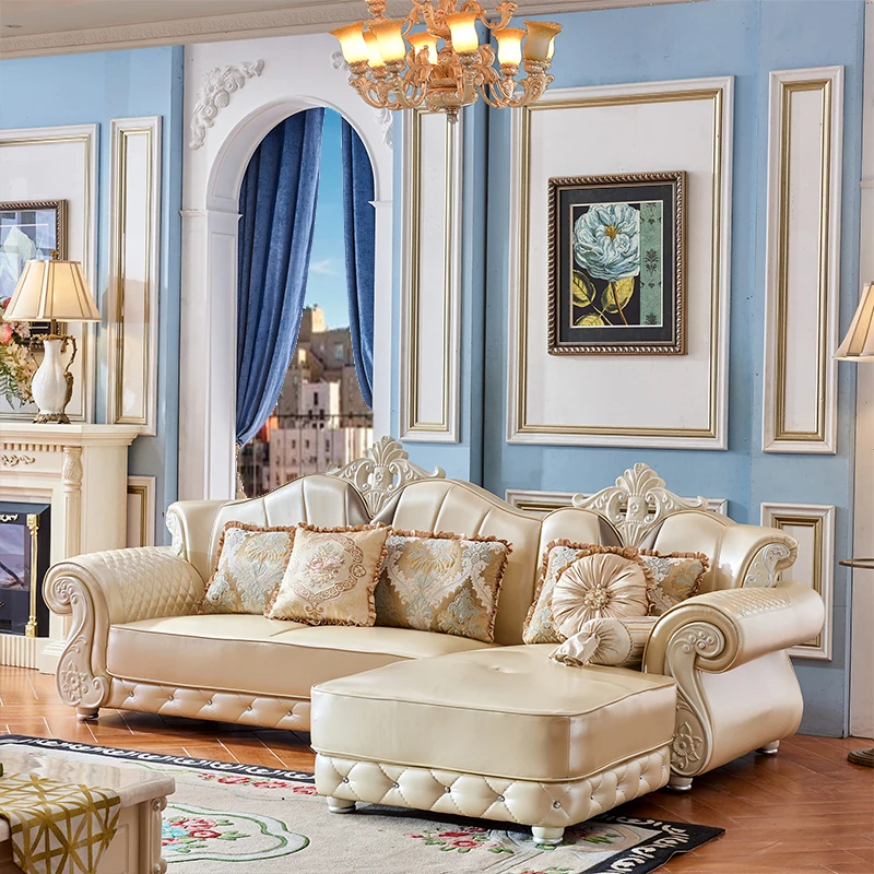 

European Leather Sofa Corner Solid Wood Carving Luxury Simple Sofas Living Room Simple Comfortable Muebles Balcony Furniture