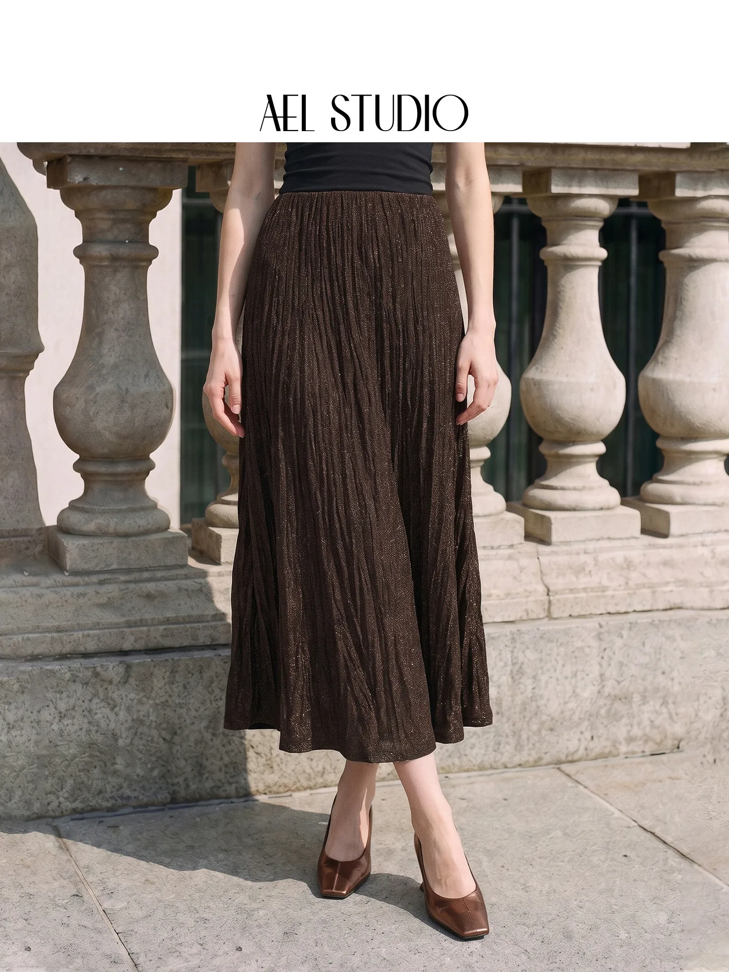 AEL Studio High Waist A-Line Long Skirt Women's Autumn Texture Sensation Pleated High Waist Linen Half Body Fish Tail Skirt