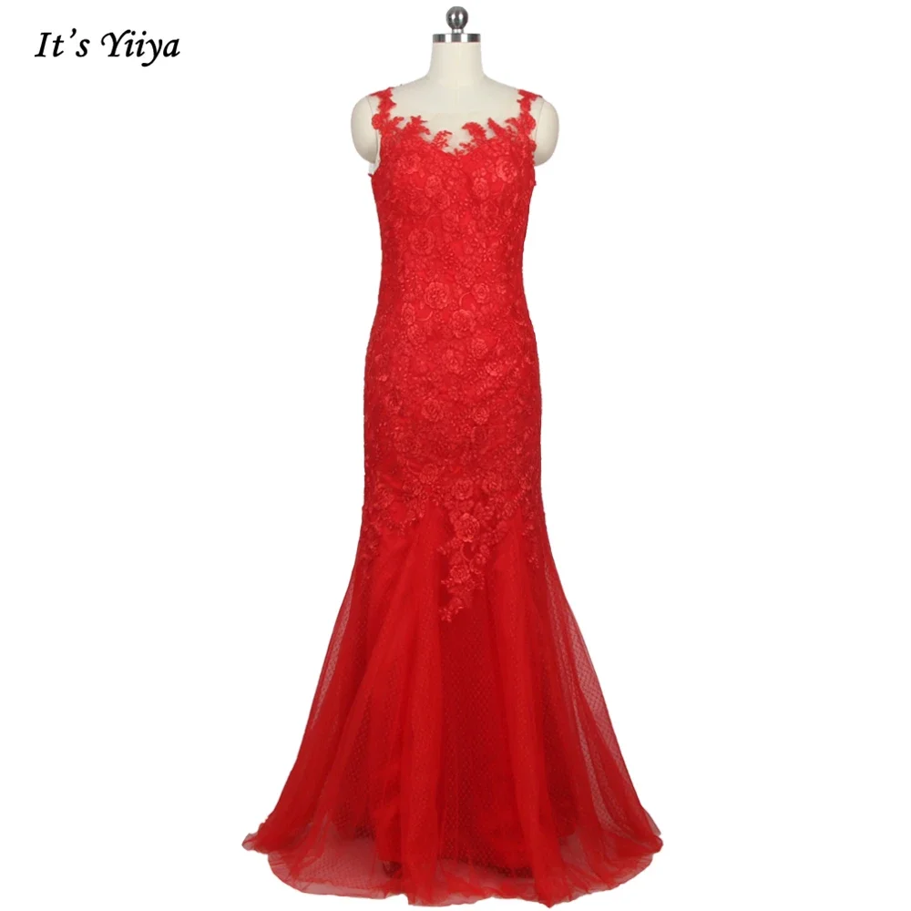 Clearance size 2 Red Evening Dresses Embroidery Backless Sleeveless Mermaid Trumpet Floor Length Women Party Formal Gown