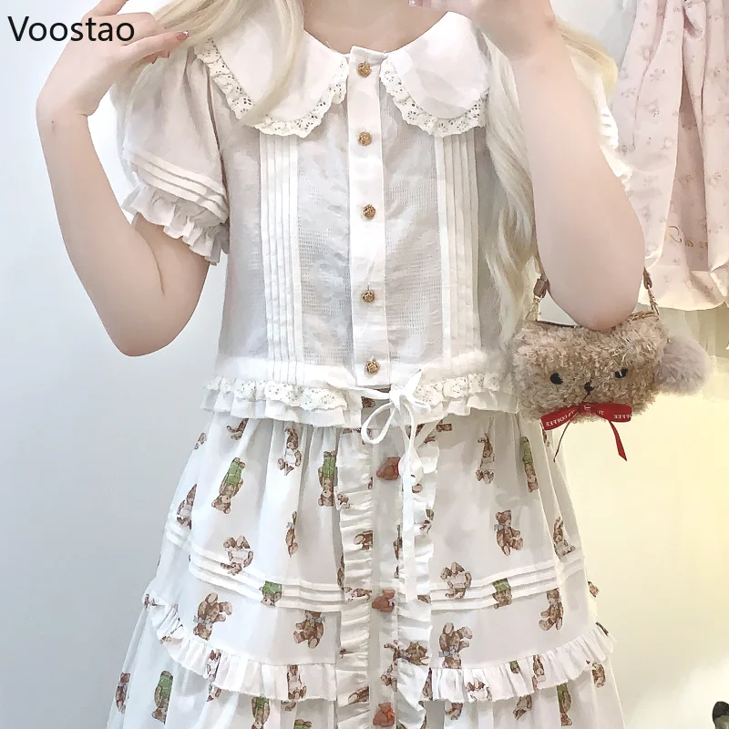 Camisa de algodão lolita japonesa para mulheres, colarinho Peter Pan, manga folhada, blusas JK para meninas, babados de renda doce, tops vintage, kawaii