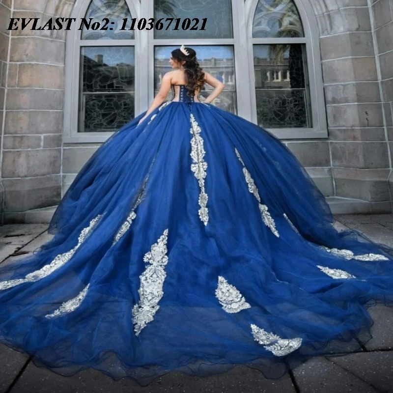 Evolt personalizado brilhante azul real quinceanera vestido de baile ouro applique miçangas espartilho doce 16 vestidos 15 anos e2qa188