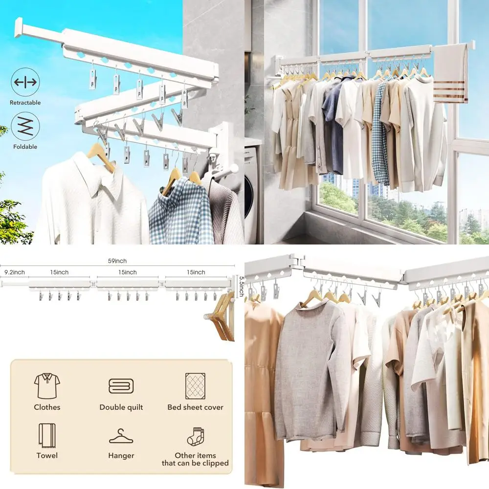 

White Wall-Mounted Collapsible Clothes Drying Rack with Windproof Holes and Clips