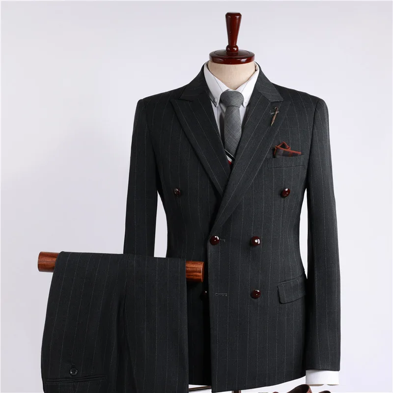 (49) Custom 2024 Grey Striped Double-breasted Suit for Men Wedding Dress Professional Formal Wear