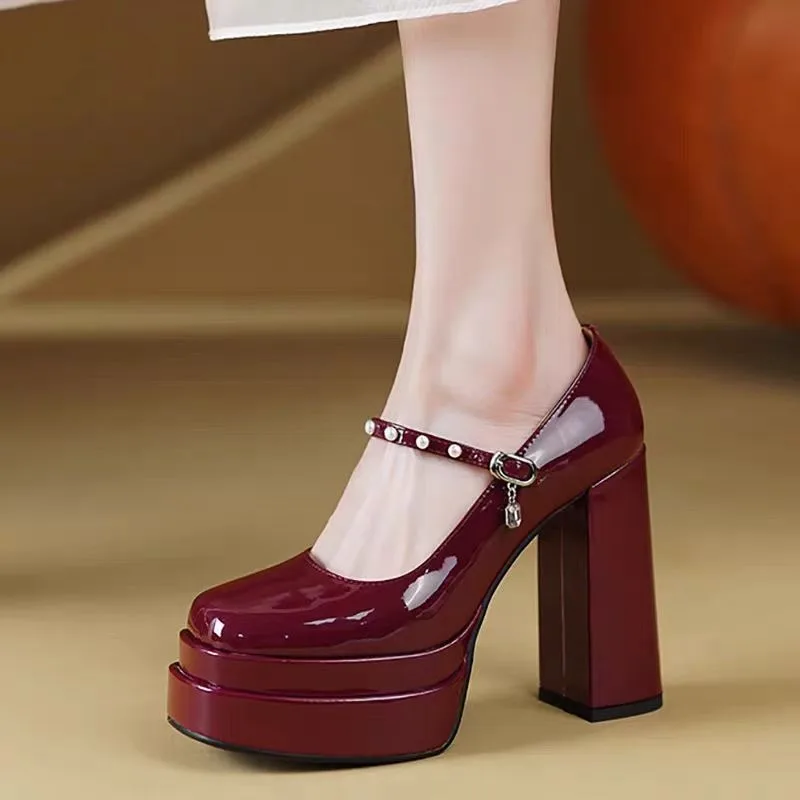 Super High Heel Square Heel Mary Janes Buckle Strap Dress Ladies Shoes on Sale 2024 Brand Bling Round Toe Solid Pumps Salto Alto