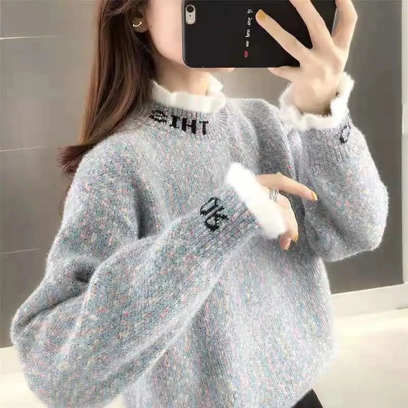 

Knitwear Sweater Womens 2023 Autumn Winter New Korean Loose Chenille Plush Embroidery Half High Neck Sweaters Oversized Pullover