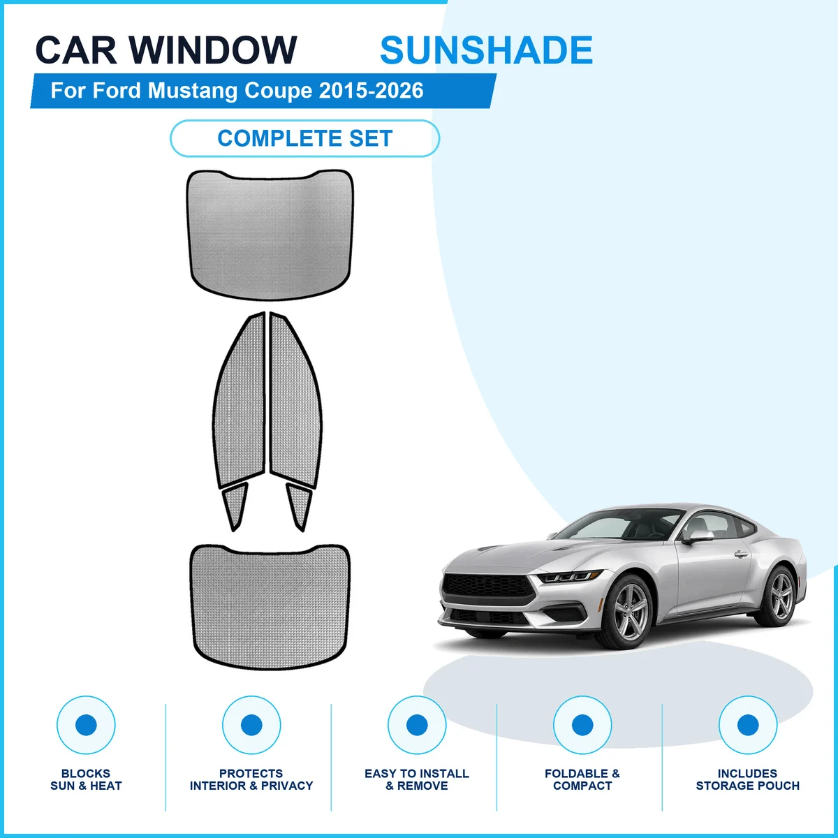 For Ford Mustang Coupe 2015-2026 Custom Full Set Window Sunshades Aluminum Foil Suction Cup Anti UV Privacy