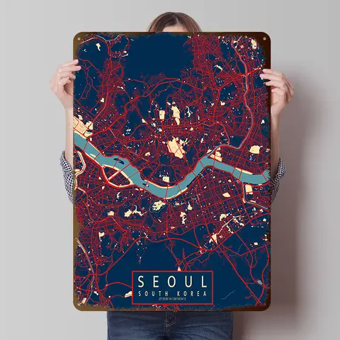 Seoul City Map South Korea Hope Tinplate Posters Customizable Wall Art Retro Vintage Metal Signs for Home Room Decoration Garage