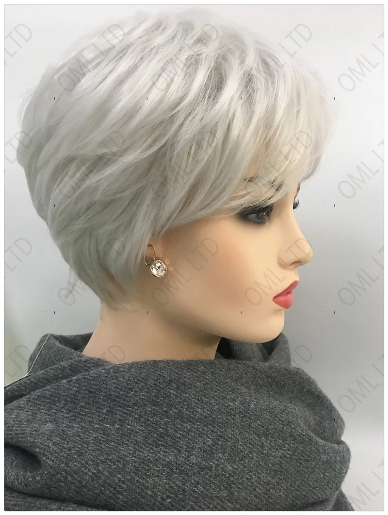 Grandma\'s Fashion Short Synthetic Silver White Wig with Bangs Soft Heat Resistant Mommy Daily Party Wig Women Grey Hair