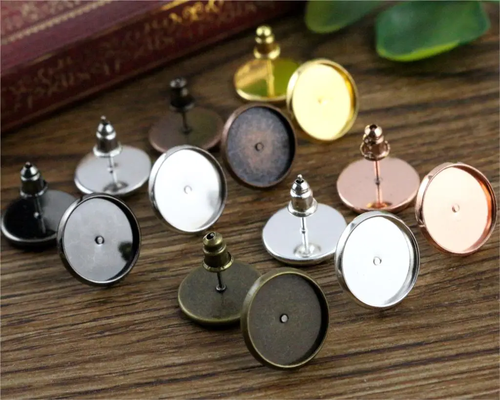 12mm 10mm 8mm 50pcs/Lot Brass Copper Material Earring Studs(with Ear plug) Earrings Base,Fit 8-12mm Glass Cabochons