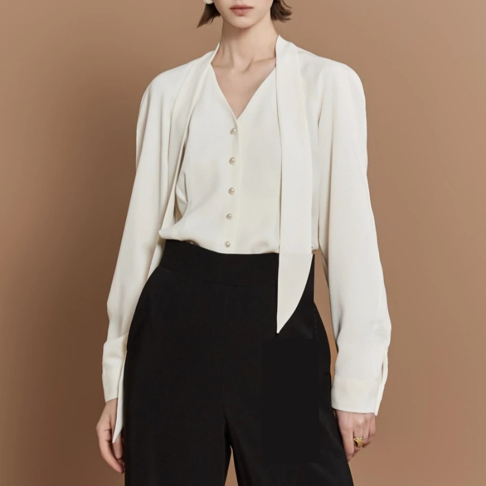 TWOTWINSTYLE المشمش تقسم الدانتيل يصل قميص الإناث الخامس الرقبة طويلة الأكمام فضفاضة الحد الأدنى مكتب المرأة قمصان الخريف موضة جديدة #2