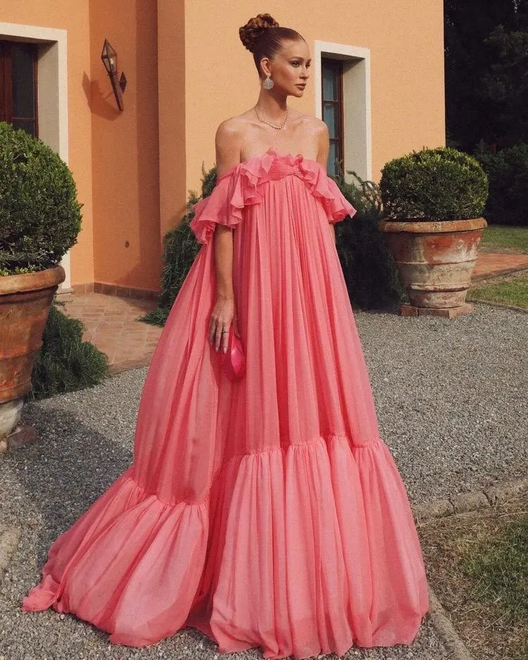 

Sumnus Blush Pink Off the Shoulder Evening Dresses Pleats Tiered A Line Formal Wedding Party Gowns Floor Length Customized