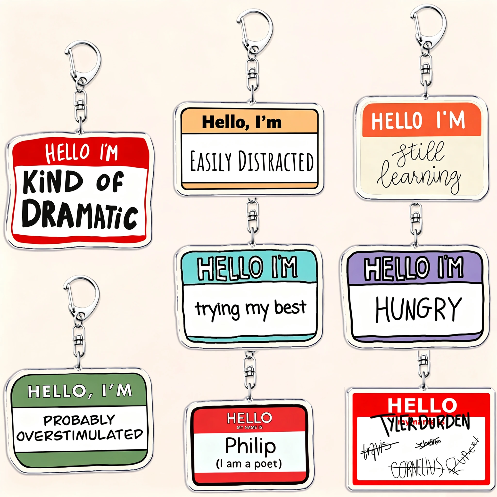 Hello I'm Funny Name Tag Acrylic Keychain Humorous Quote Bag Charm Daily Decor Accessory Gift for Book Lovers Bookish Friends