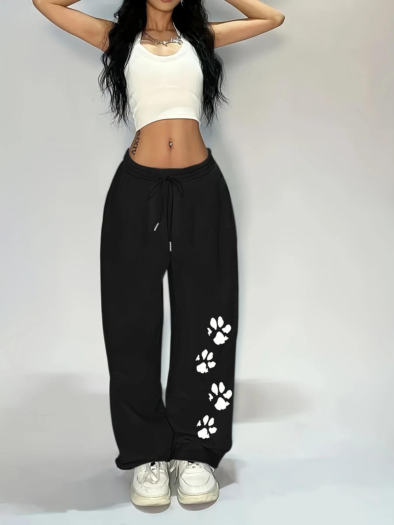

Женские осенние и зимние свободные прямые флисовые спортивные штаны больших размеров с принтом кошачьей лапы, уличная одежда с эластичным поясом, универсальная