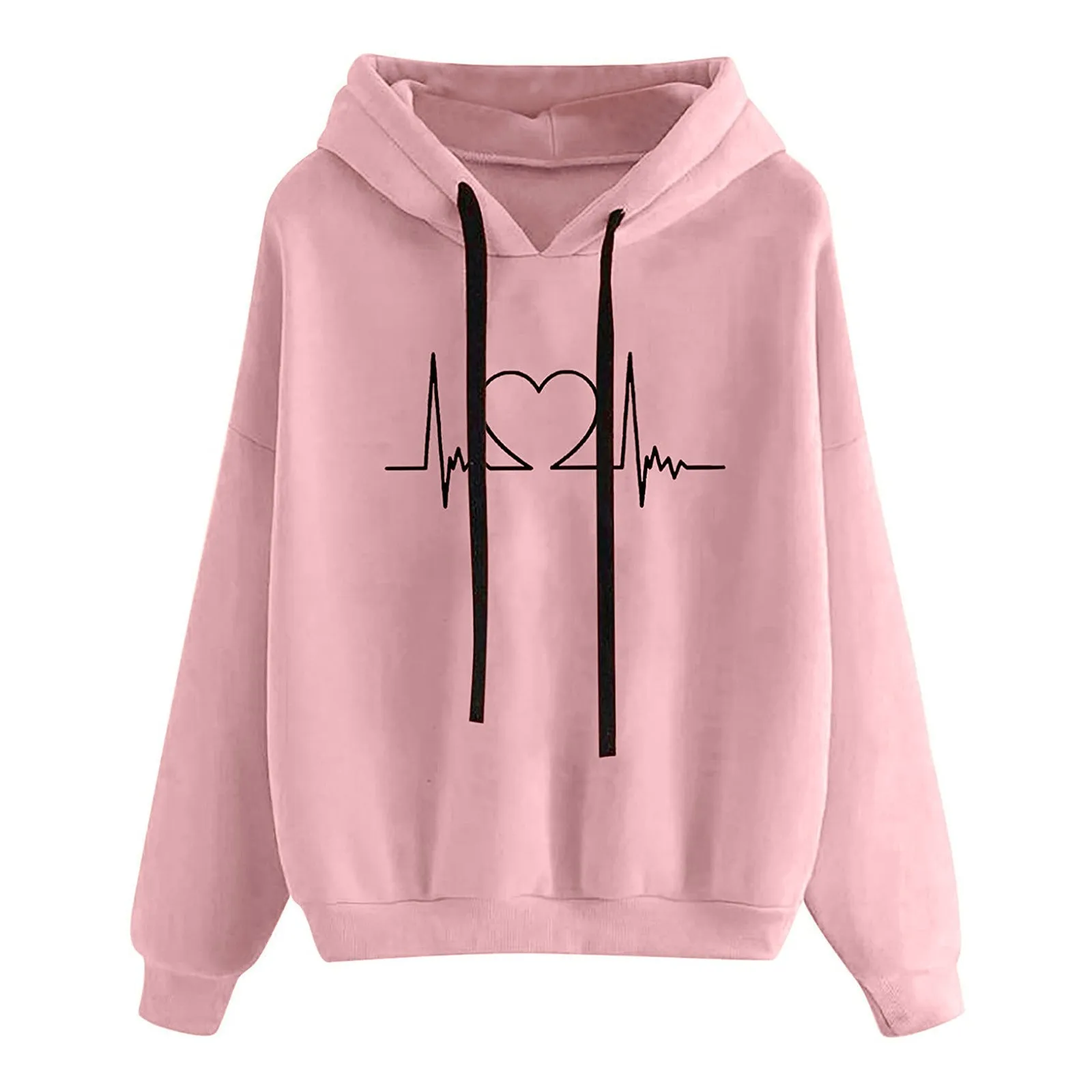 

Heart Print Comfortable Hooded Pullover Women Long Sleeved Autumn Winter Drawstring Hoodie Loose Casual Street Sweatshirt