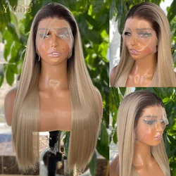 YYsoo Long Silky Straight Ombre Color Synthetic Full Lace Wigs Heat Resistant Japan Futura Hair All Hand Tied Wig Dark Roots