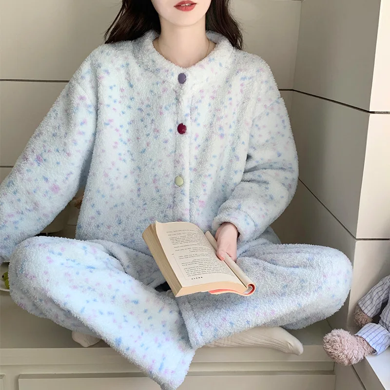 Autumn Winter Women Warm Fleece Pajamas Girl Thickened Cardigan Women Soft Loungewear Loose Teenage Back-to-school Pajamas Pants