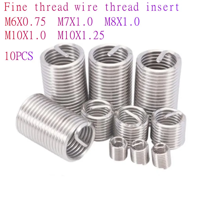 10pcs M6x0.75 M7x1.0 M8x1.0 M10x1.0 M10x1.25 Stainless Steel Fine Thread Wire Thread Insert Sleeve Bushing Helicoil