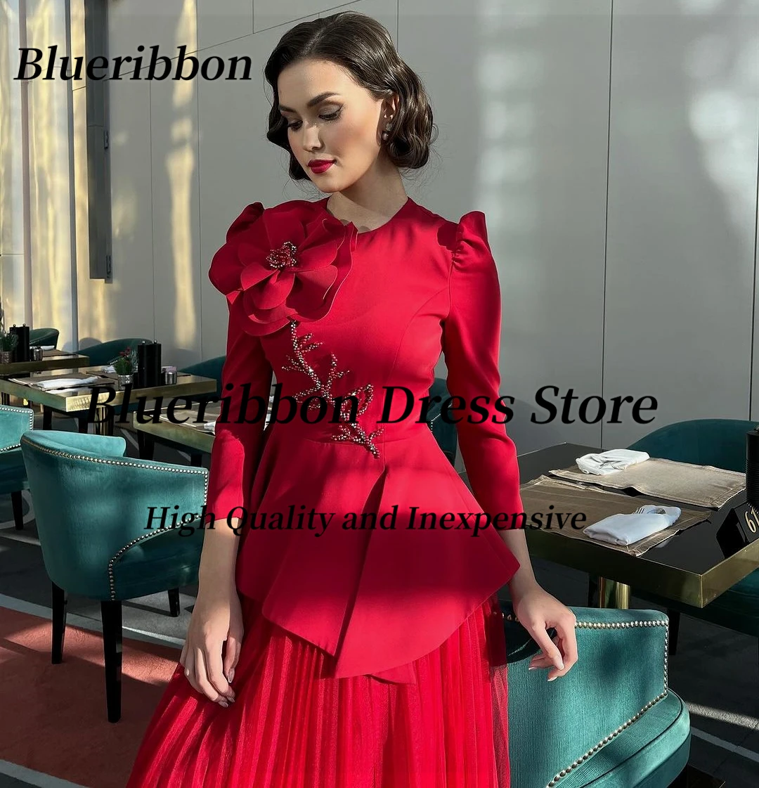 Blueribbon Red Saudi Arabia Women Wear A Line Evening Dresses with Flower Beaded Long Sleeves Prom Dress Zipper Back Vestidos De