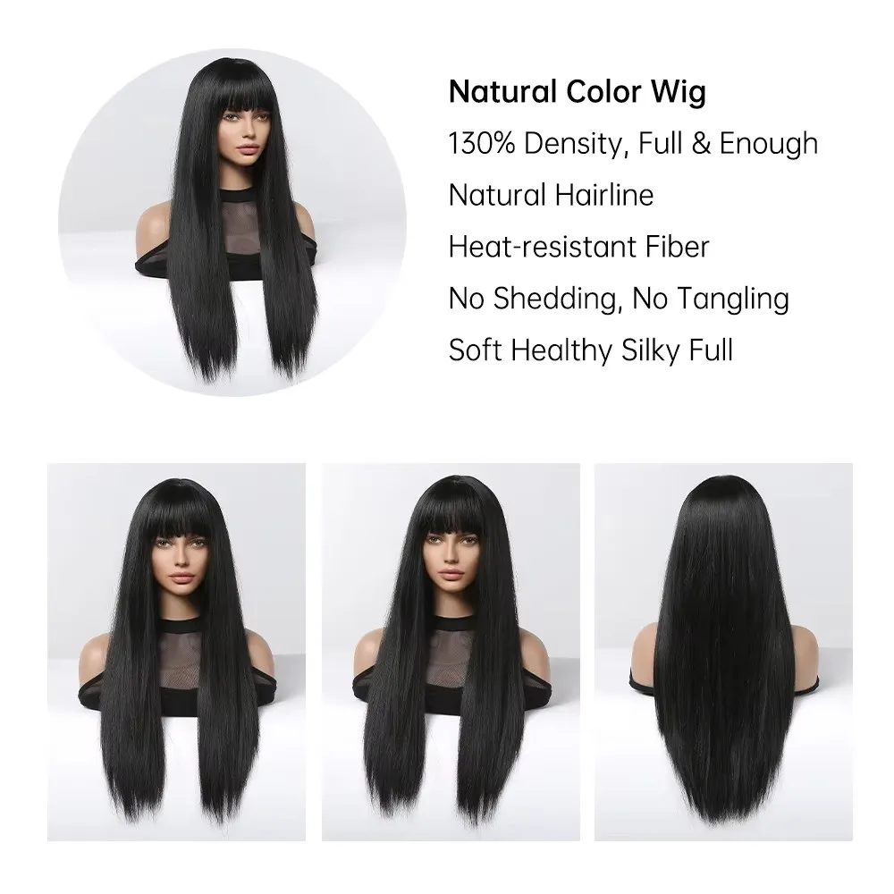 Long thread smooth synthetic wig with bangs women\'s black hair natural and comfortable role-playing party Lolita