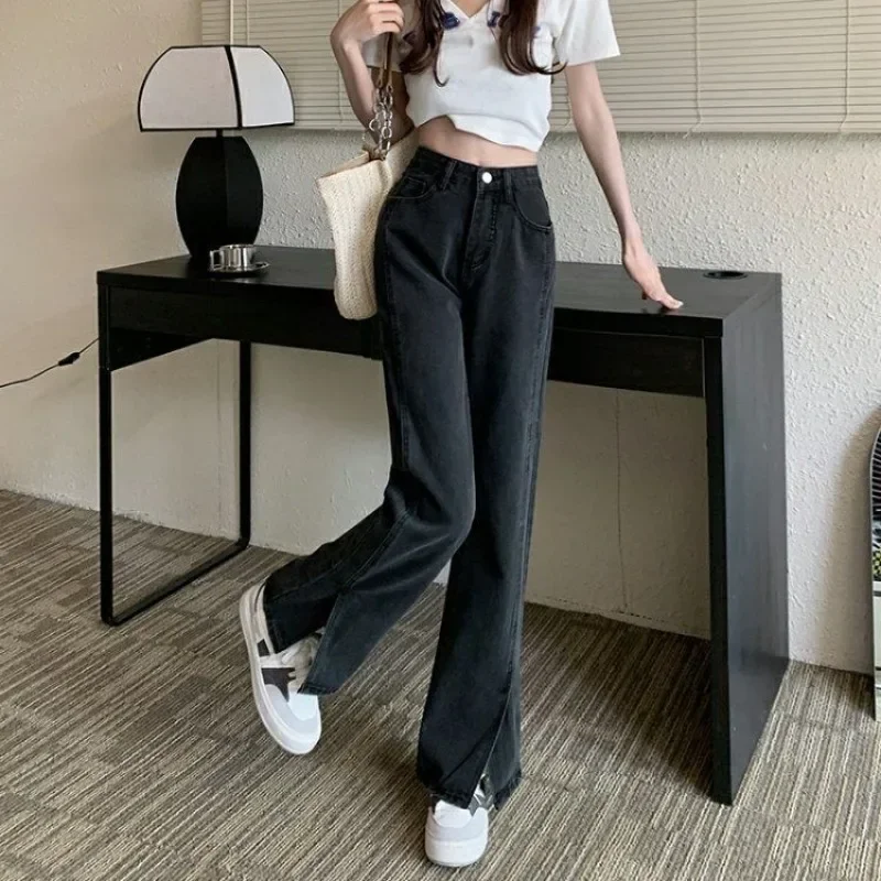 Jeans coreani da donna con spacco frontale vintage retrò tutto-fiammifero street style casual tasca primaverile vita alta trendy solido basic dritto
