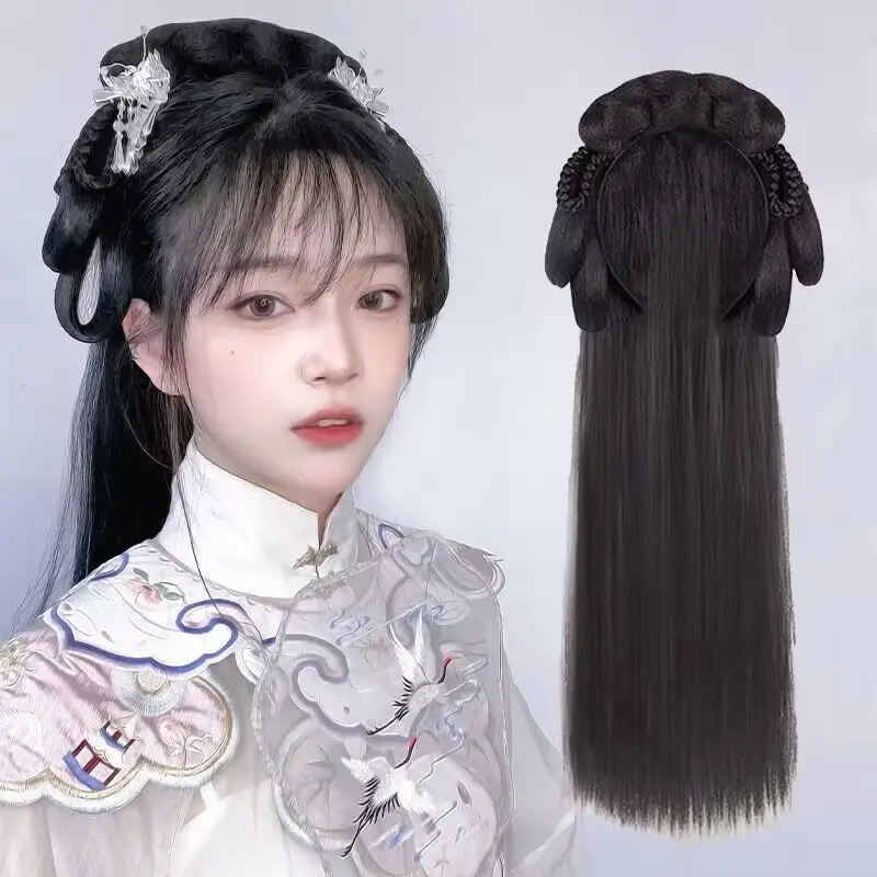 Cosplay Perücken Frauen schwarz Anime alte chinesische Hanfu Perücken Kopf bedeckung Zubehör Hanfu lange gerade Perücken schwarze Perücke Stirnband Erwachsenen