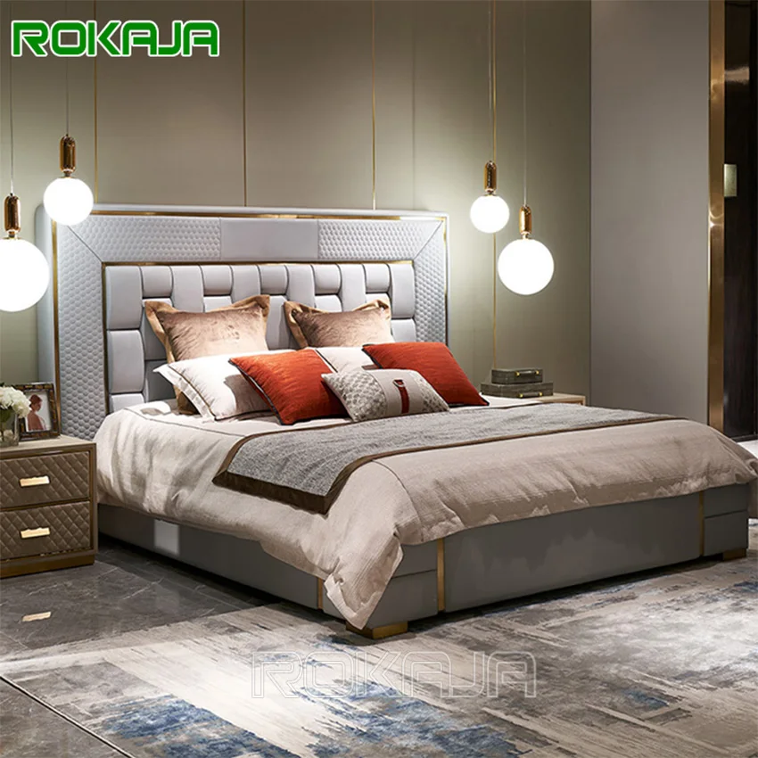 Luxury Design Golden Metal Bed Leather Double Bed Wooden Frame Wide Headboard Bed Bedroom Furniture Sets